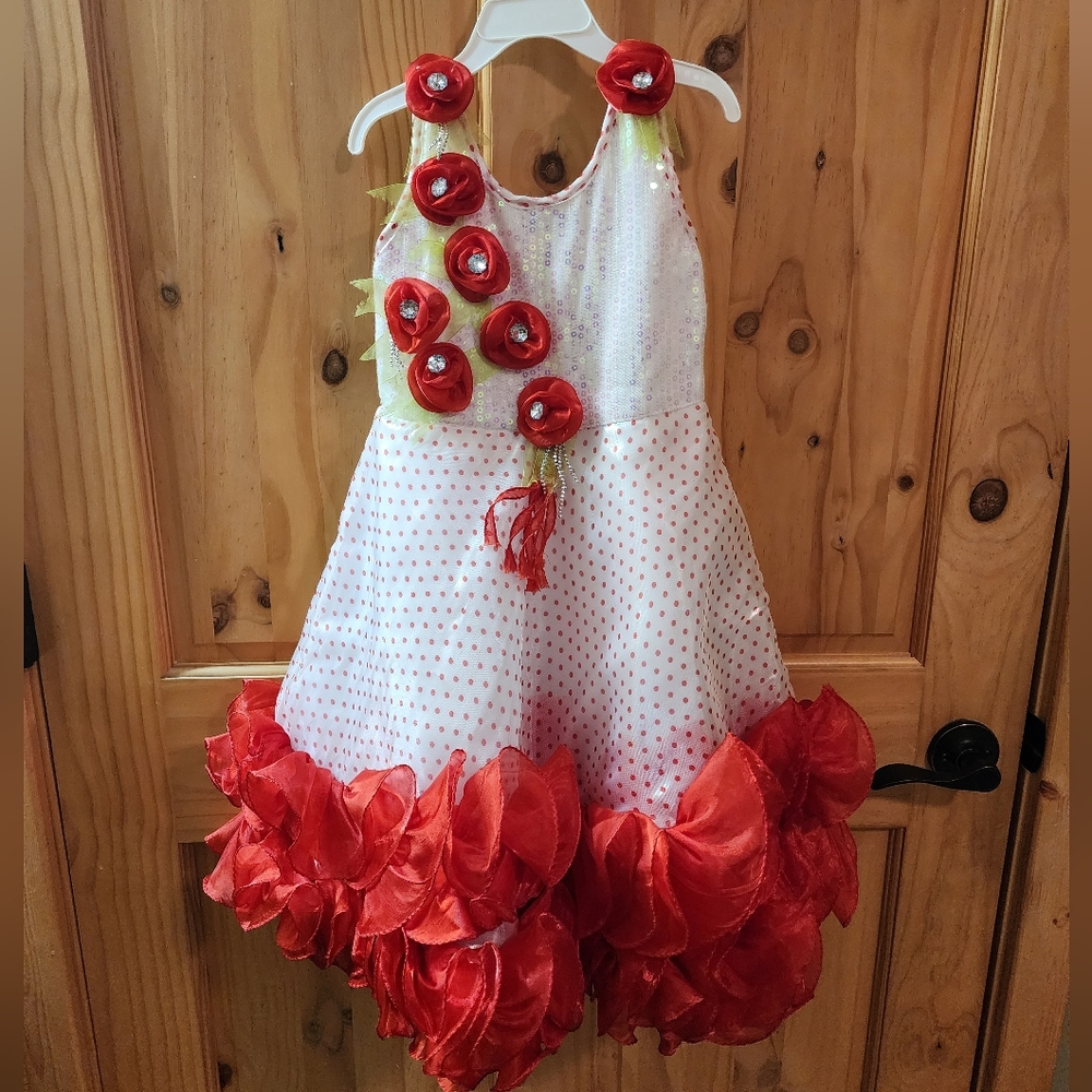 Vibrant red, white, floral and sequin Indian dress